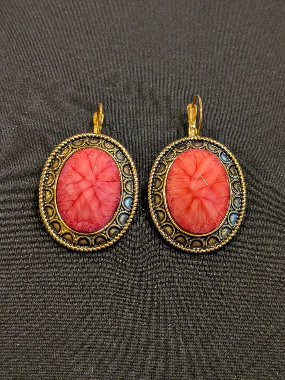 B#2:Vintage 1960s-Style Coral Red Oval Drop Earrings Gold Plating- Women Jewelry